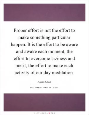 Proper effort is not the effort to make something particular happen. It is the effort to be aware and awake each moment, the effort to overcome laziness and merit, the effort to make each activity of our day meditation Picture Quote #1