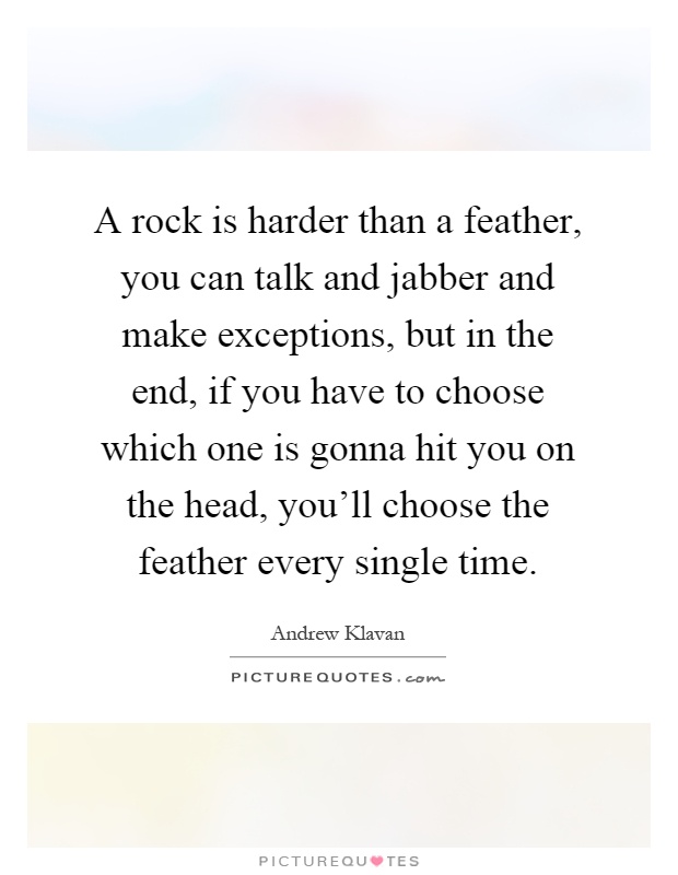 A rock is harder than a feather, you can talk and jabber and make exceptions, but in the end, if you have to choose which one is gonna hit you on the head, you'll choose the feather every single time Picture Quote #1