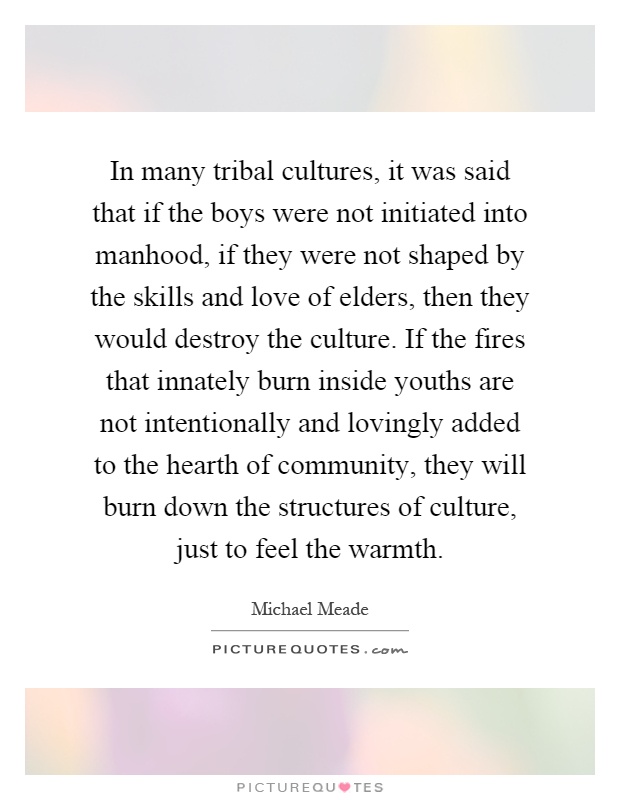 In many tribal cultures, it was said that if the boys were not initiated into manhood, if they were not shaped by the skills and love of elders, then they would destroy the culture. If the fires that innately burn inside youths are not intentionally and lovingly added to the hearth of community, they will burn down the structures of culture, just to feel the warmth Picture Quote #1