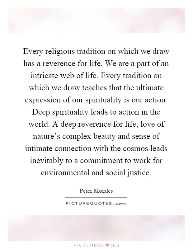 Every religious tradition on which we draw has a reverence for life. We are a part of an intricate web of life. Every tradition on which we draw teaches that the ultimate expression of our spirituality is our action. Deep spirituality leads to action in the world. A deep reverence for life, love of nature's complex beauty and sense of intimate connection with the cosmos leads inevitably to a commitment to work for environmental and social justice Picture Quote #1
