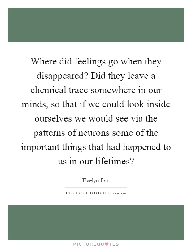 Where did feelings go when they disappeared? Did they leave a chemical trace somewhere in our minds, so that if we could look inside ourselves we would see via the patterns of neurons some of the important things that had happened to us in our lifetimes? Picture Quote #1