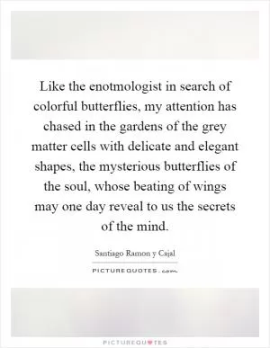 Like the enotmologist in search of colorful butterflies, my attention has chased in the gardens of the grey matter cells with delicate and elegant shapes, the mysterious butterflies of the soul, whose beating of wings may one day reveal to us the secrets of the mind Picture Quote #1