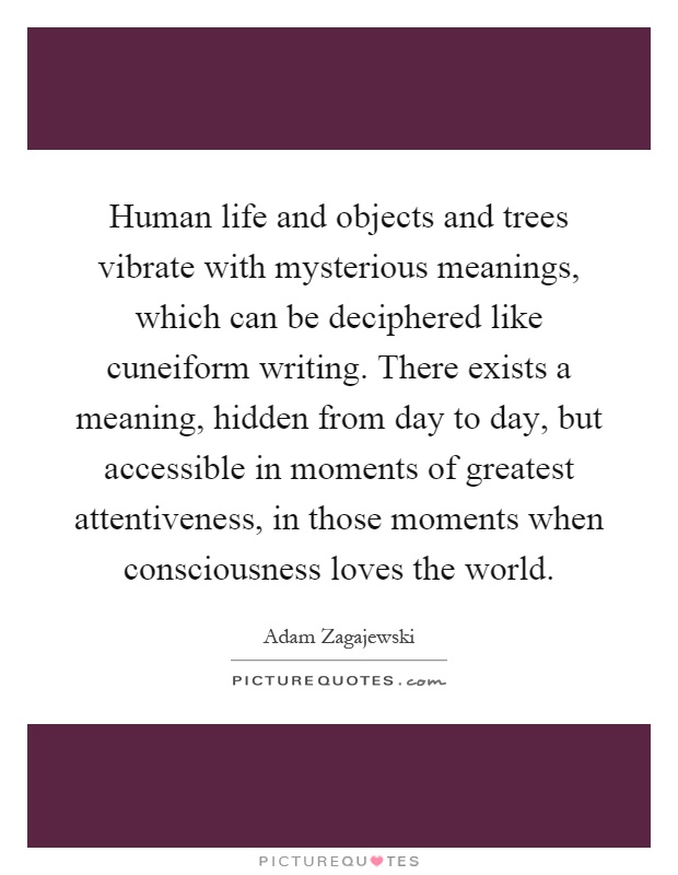 Human life and objects and trees vibrate with mysterious meanings, which can be deciphered like cuneiform writing. There exists a meaning, hidden from day to day, but accessible in moments of greatest attentiveness, in those moments when consciousness loves the world Picture Quote #1