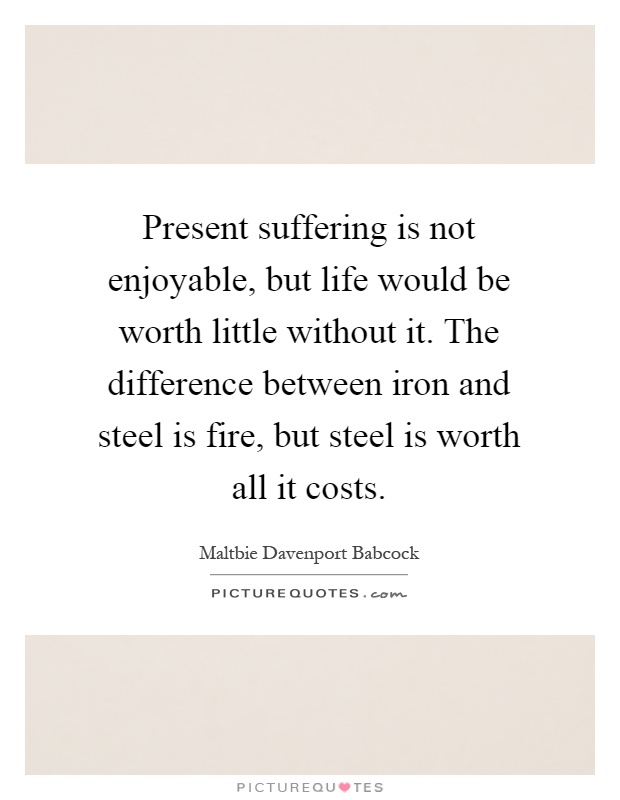 Present suffering is not enjoyable, but life would be worth little without it. The difference between iron and steel is fire, but steel is worth all it costs Picture Quote #1