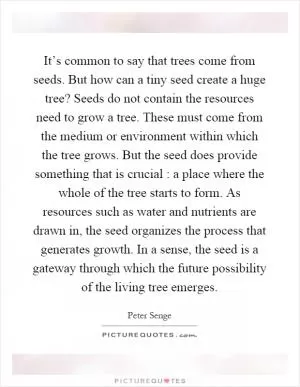 It’s common to say that trees come from seeds. But how can a tiny seed create a huge tree? Seeds do not contain the resources need to grow a tree. These must come from the medium or environment within which the tree grows. But the seed does provide something that is crucial : a place where the whole of the tree starts to form. As resources such as water and nutrients are drawn in, the seed organizes the process that generates growth. In a sense, the seed is a gateway through which the future possibility of the living tree emerges Picture Quote #1