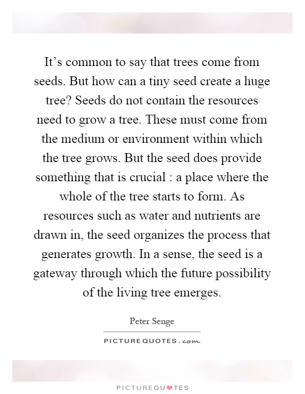 It's common to say that trees come from seeds. But how can a tiny seed create a huge tree? Seeds do not contain the resources need to grow a tree. These must come from the medium or environment within which the tree grows. But the seed does provide something that is crucial : a place where the whole of the tree starts to form. As resources such as water and nutrients are drawn in, the seed organizes the process that generates growth. In a sense, the seed is a gateway through which the future possibility of the living tree emerges Picture Quote #1