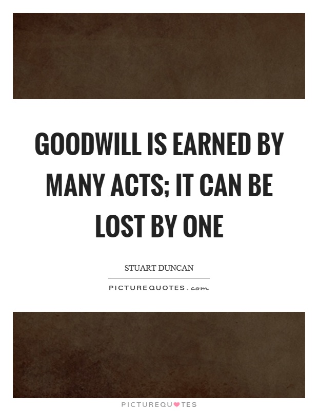 Goodwill is earned by many acts; it can be lost by one Picture Quote #1