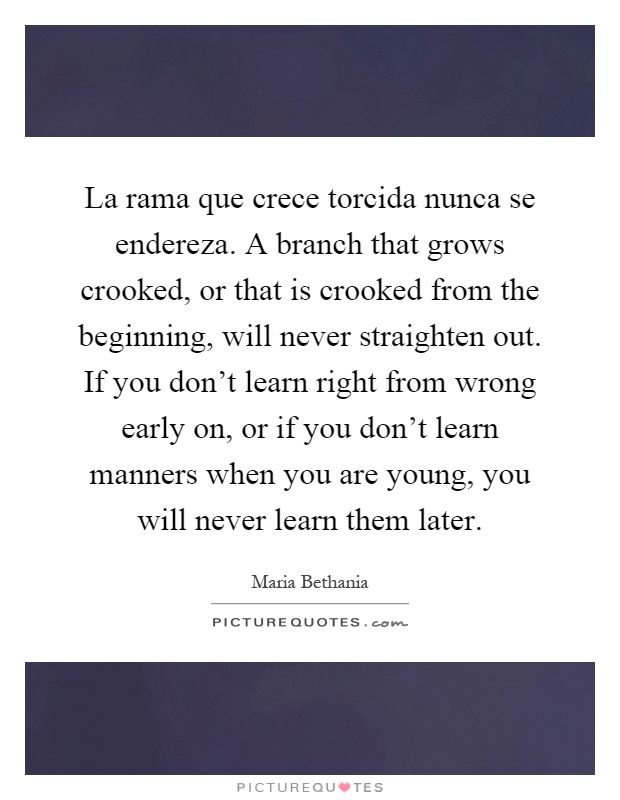 La rama que crece torcida nunca se endereza. A branch that grows crooked, or that is crooked from the beginning, will never straighten out. If you don't learn right from wrong early on, or if you don't learn manners when you are young, you will never learn them later Picture Quote #1