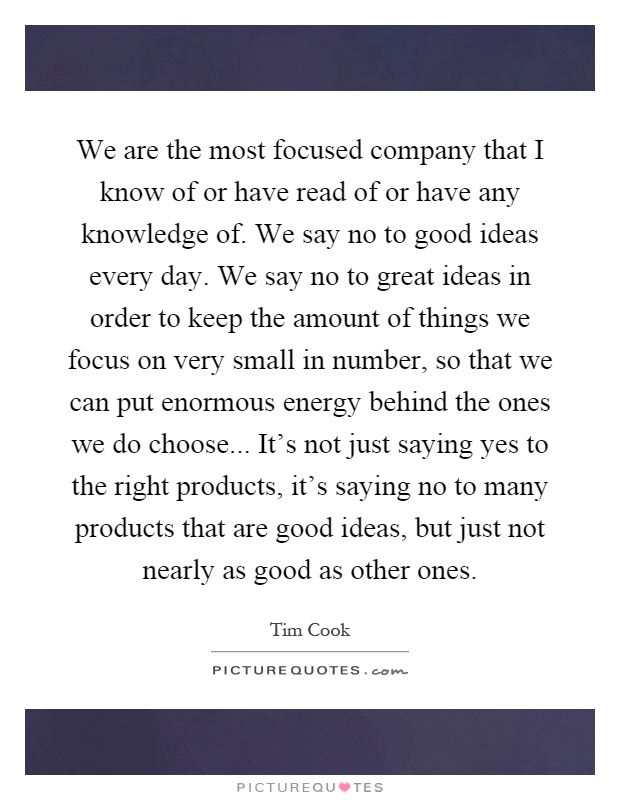 We are the most focused company that I know of or have read of or have any knowledge of. We say no to good ideas every day. We say no to great ideas in order to keep the amount of things we focus on very small in number, so that we can put enormous energy behind the ones we do choose... It's not just saying yes to the right products, it's saying no to many products that are good ideas, but just not nearly as good as other ones Picture Quote #1