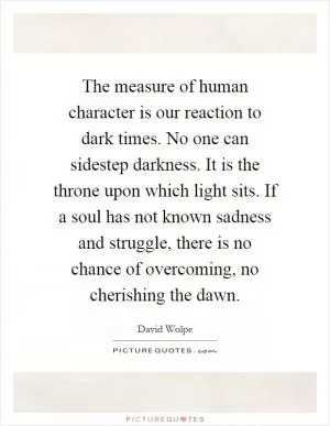The measure of human character is our reaction to dark times. No one can sidestep darkness. It is the throne upon which light sits. If a soul has not known sadness and struggle, there is no chance of overcoming, no cherishing the dawn Picture Quote #1
