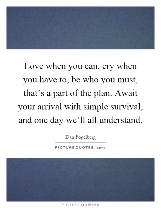 Love when you can, cry when you have to, be who you must, that's a part of the plan. Await your arrival with simple survival, and one day we'll all understand Picture Quote #1