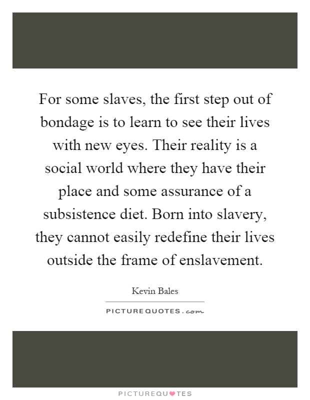 For some slaves, the first step out of bondage is to learn to see their lives with new eyes. Their reality is a social world where they have their place and some assurance of a subsistence diet. Born into slavery, they cannot easily redefine their lives outside the frame of enslavement Picture Quote #1