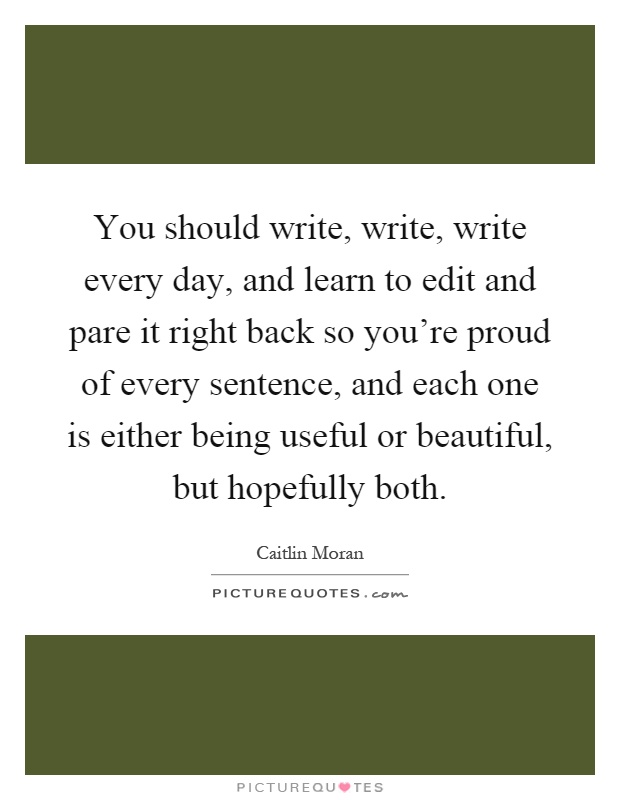 You should write, write, write every day, and learn to edit and pare it right back so you're proud of every sentence, and each one is either being useful or beautiful, but hopefully both Picture Quote #1