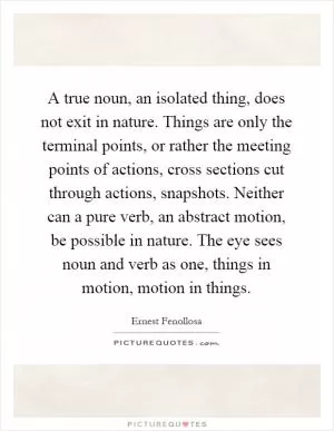 A true noun, an isolated thing, does not exit in nature. Things are only the terminal points, or rather the meeting points of actions, cross sections cut through actions, snapshots. Neither can a pure verb, an abstract motion, be possible in nature. The eye sees noun and verb as one, things in motion, motion in things Picture Quote #1