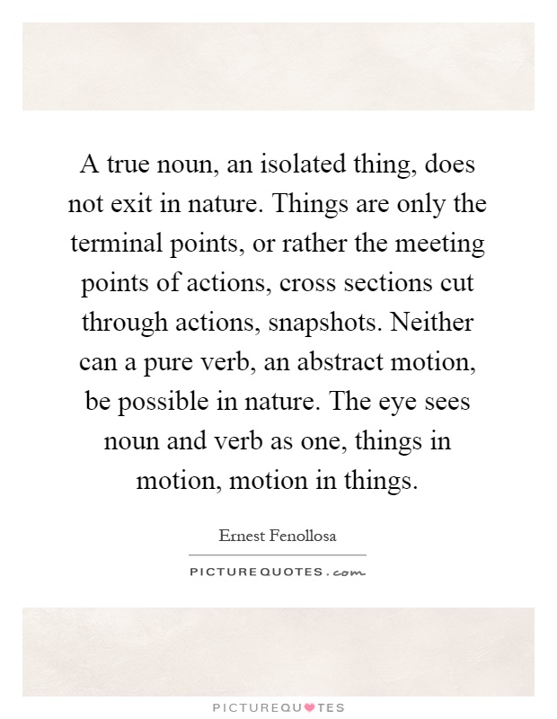 A true noun, an isolated thing, does not exit in nature. Things are only the terminal points, or rather the meeting points of actions, cross sections cut through actions, snapshots. Neither can a pure verb, an abstract motion, be possible in nature. The eye sees noun and verb as one, things in motion, motion in things Picture Quote #1