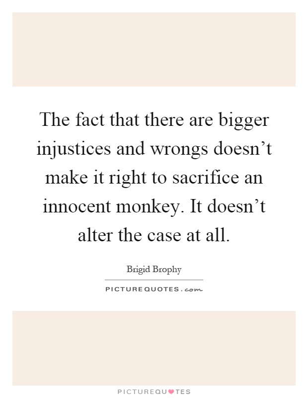 The fact that there are bigger injustices and wrongs doesn't make it right to sacrifice an innocent monkey. It doesn't alter the case at all Picture Quote #1