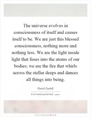 The universe evolves in consciousness of itself and causes itself to be. We are just this blessed consciousness, nothing more and nothing less. We are the light inside light that fuses into the atoms of our bodies; we are the fire that whirls across the stellar deeps and dances all things into being Picture Quote #1