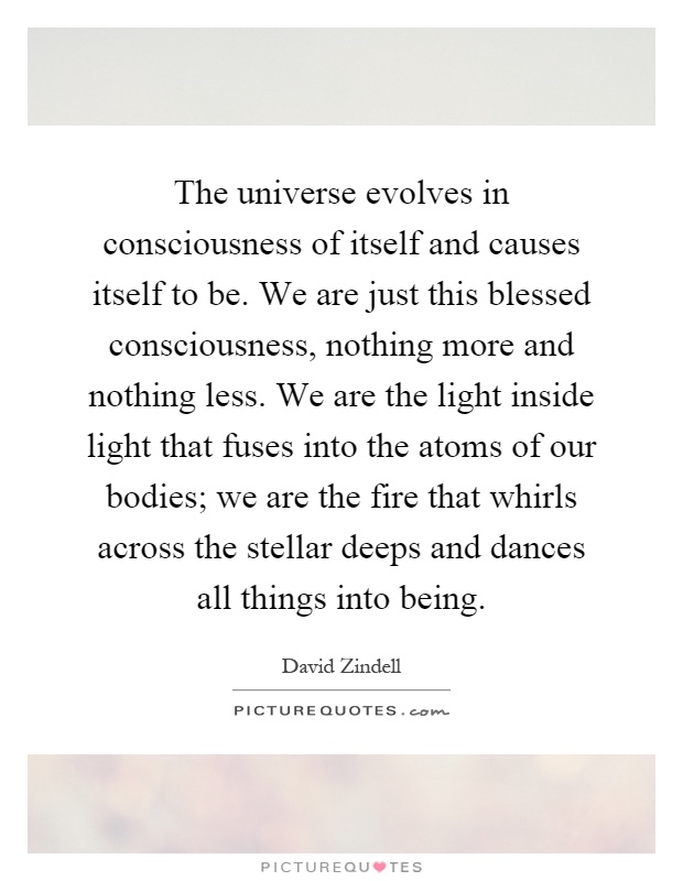 The universe evolves in consciousness of itself and causes itself to be. We are just this blessed consciousness, nothing more and nothing less. We are the light inside light that fuses into the atoms of our bodies; we are the fire that whirls across the stellar deeps and dances all things into being Picture Quote #1