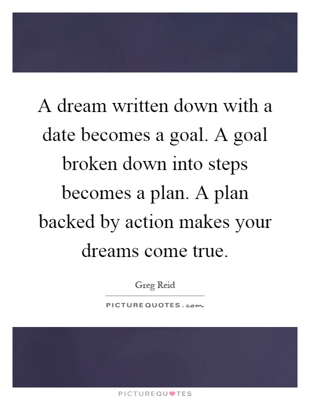 A dream written down with a date becomes a goal. A goal broken down into steps becomes a plan. A plan backed by action makes your dreams come true Picture Quote #1