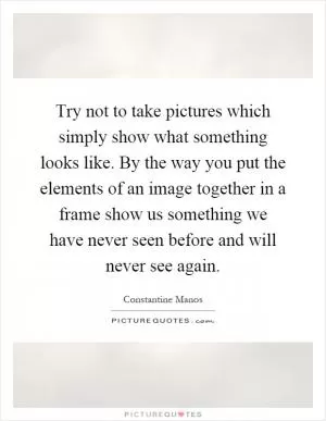 Try not to take pictures which simply show what something looks like. By the way you put the elements of an image together in a frame show us something we have never seen before and will never see again Picture Quote #1
