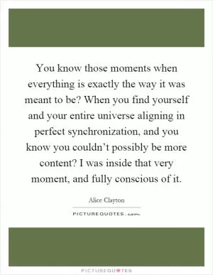 You know those moments when everything is exactly the way it was meant to be? When you find yourself and your entire universe aligning in perfect synchronization, and you know you couldn’t possibly be more content? I was inside that very moment, and fully conscious of it Picture Quote #1