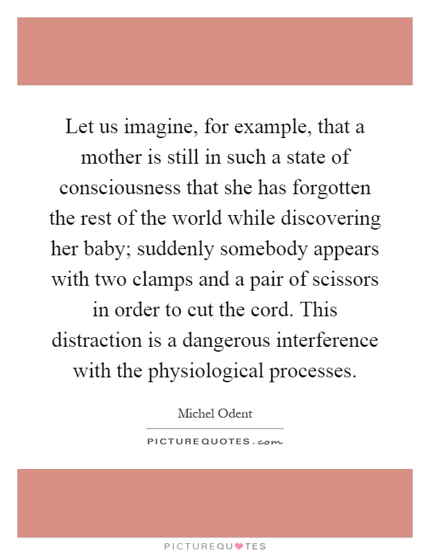 Let us imagine, for example, that a mother is still in such a state of consciousness that she has forgotten the rest of the world while discovering her baby; suddenly somebody appears with two clamps and a pair of scissors in order to cut the cord. This distraction is a dangerous interference with the physiological processes Picture Quote #1