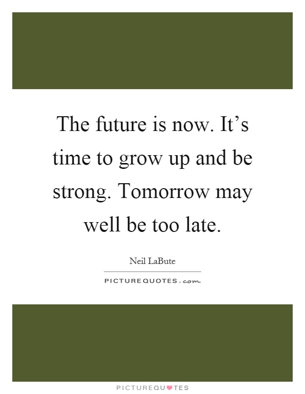 The future is now. It's time to grow up and be strong. Tomorrow may well be too late Picture Quote #1