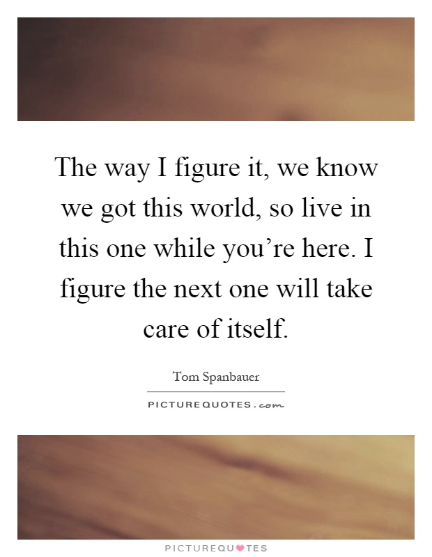 The way I figure it, we know we got this world, so live in this one while you're here. I figure the next one will take care of itself Picture Quote #1