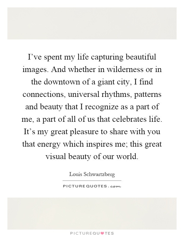 I've spent my life capturing beautiful images. And whether in wilderness or in the downtown of a giant city, I find connections, universal rhythms, patterns and beauty that I recognize as a part of me, a part of all of us that celebrates life. It's my great pleasure to share with you that energy which inspires me; this great visual beauty of our world Picture Quote #1