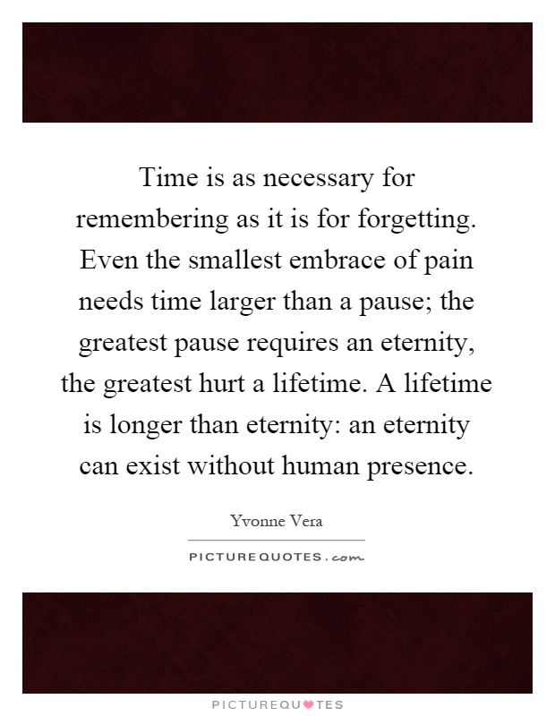 Time is as necessary for remembering as it is for forgetting. Even the smallest embrace of pain needs time larger than a pause; the greatest pause requires an eternity, the greatest hurt a lifetime. A lifetime is longer than eternity: an eternity can exist without human presence Picture Quote #1