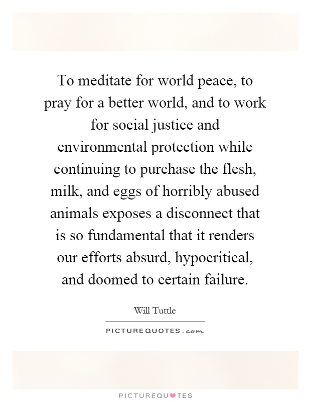 To meditate for world peace, to pray for a better world, and to work for social justice and environmental protection while continuing to purchase the flesh, milk, and eggs of horribly abused animals exposes a disconnect that is so fundamental that it renders our efforts absurd, hypocritical, and doomed to certain failure Picture Quote #1