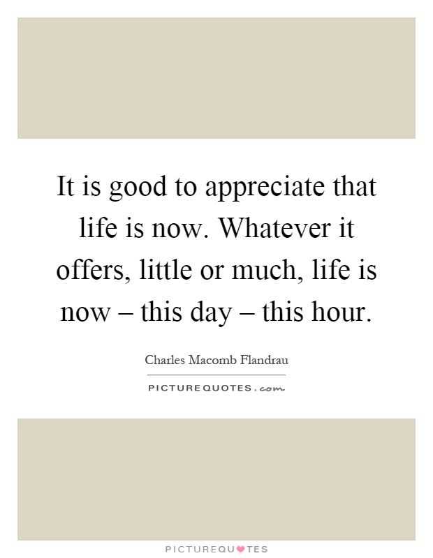 It is good to appreciate that life is now. Whatever it offers, little or much, life is now – this day – this hour Picture Quote #1