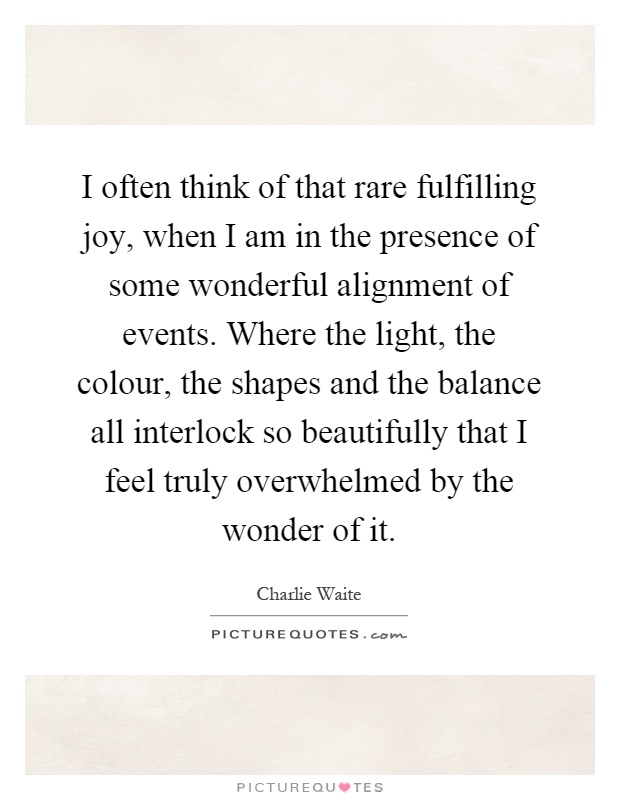 I often think of that rare fulfilling joy, when I am in the presence of some wonderful alignment of events. Where the light, the colour, the shapes and the balance all interlock so beautifully that I feel truly overwhelmed by the wonder of it Picture Quote #1