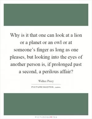 Why is it that one can look at a lion or a planet or an owl or at someone’s finger as long as one pleases, but looking into the eyes of another person is, if prolonged past a second, a perilous affair? Picture Quote #1
