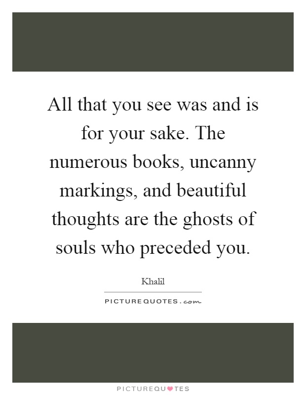 All that you see was and is for your sake. The numerous books, uncanny markings, and beautiful thoughts are the ghosts of souls who preceded you Picture Quote #1