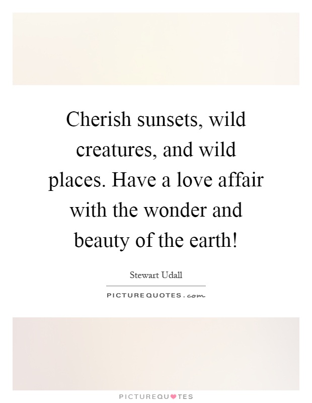 Cherish sunsets, wild creatures, and wild places. Have a love affair with the wonder and beauty of the earth! Picture Quote #1