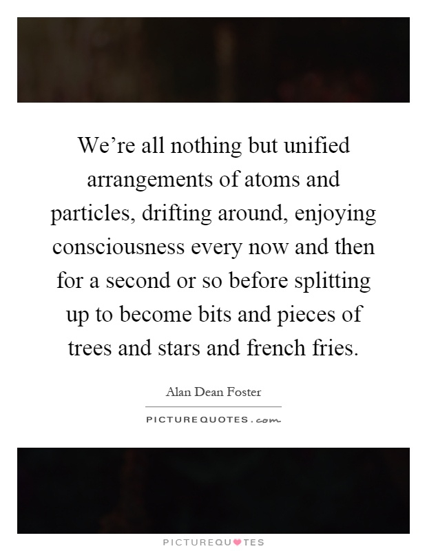 We're all nothing but unified arrangements of atoms and particles, drifting around, enjoying consciousness every now and then for a second or so before splitting up to become bits and pieces of trees and stars and french fries Picture Quote #1