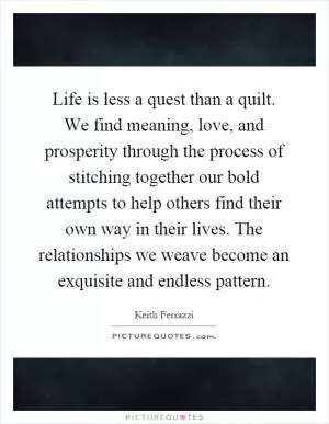 Life is less a quest than a quilt. We find meaning, love, and prosperity through the process of stitching together our bold attempts to help others find their own way in their lives. The relationships we weave become an exquisite and endless pattern Picture Quote #1
