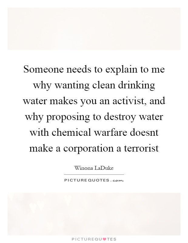Someone needs to explain to me why wanting clean drinking water makes you an activist, and why proposing to destroy water with chemical warfare doesnt make a corporation a terrorist Picture Quote #1