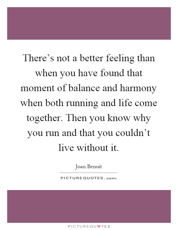 There's not a better feeling than when you have found that moment of balance and harmony when both running and life come together. Then you know why you run and that you couldn't live without it Picture Quote #1