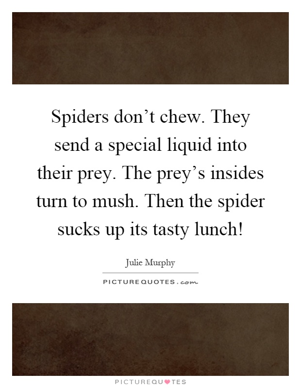Spiders don't chew. They send a special liquid into their prey. The prey's insides turn to mush. Then the spider sucks up its tasty lunch! Picture Quote #1