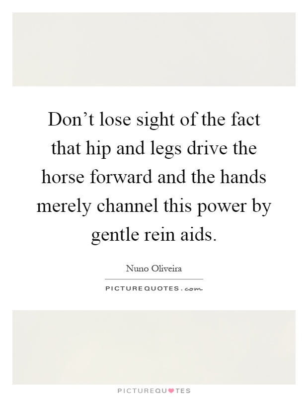 Don't lose sight of the fact that hip and legs drive the horse forward and the hands merely channel this power by gentle rein aids Picture Quote #1