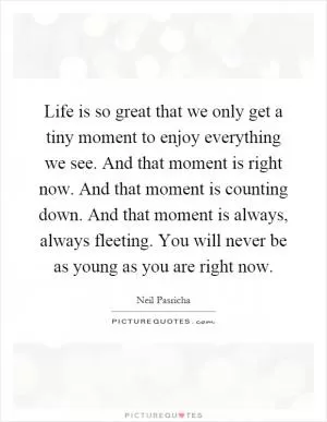 Life is so great that we only get a tiny moment to enjoy everything we see. And that moment is right now. And that moment is counting down. And that moment is always, always fleeting. You will never be as young as you are right now Picture Quote #1