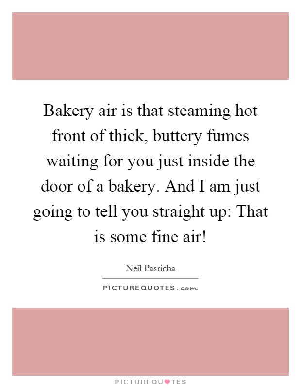Bakery air is that steaming hot front of thick, buttery fumes waiting for you just inside the door of a bakery. And I am just going to tell you straight up: That is some fine air! Picture Quote #1