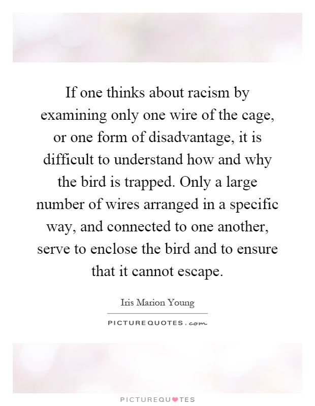 If one thinks about racism by examining only one wire of the cage, or one form of disadvantage, it is difficult to understand how and why the bird is trapped. Only a large number of wires arranged in a specific way, and connected to one another, serve to enclose the bird and to ensure that it cannot escape Picture Quote #1