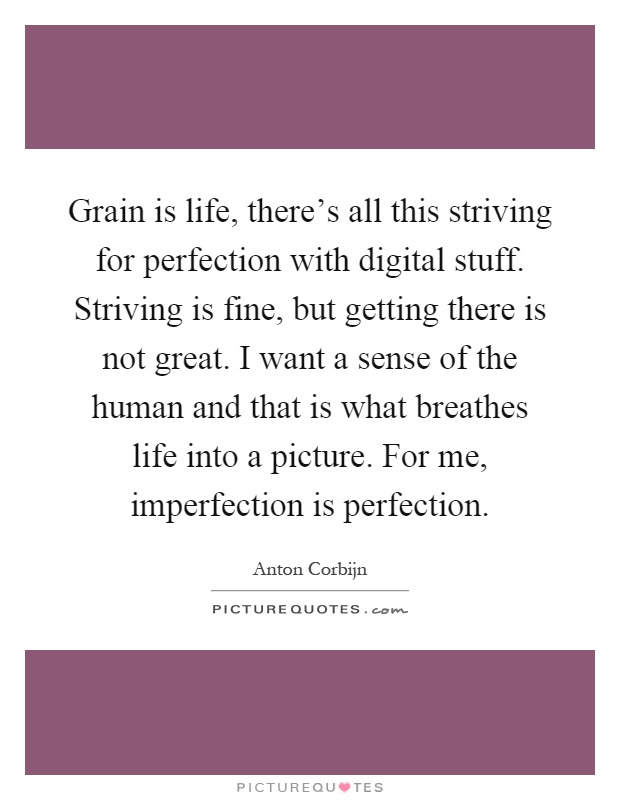 Grain is life, there's all this striving for perfection with digital stuff. Striving is fine, but getting there is not great. I want a sense of the human and that is what breathes life into a picture. For me, imperfection is perfection Picture Quote #1