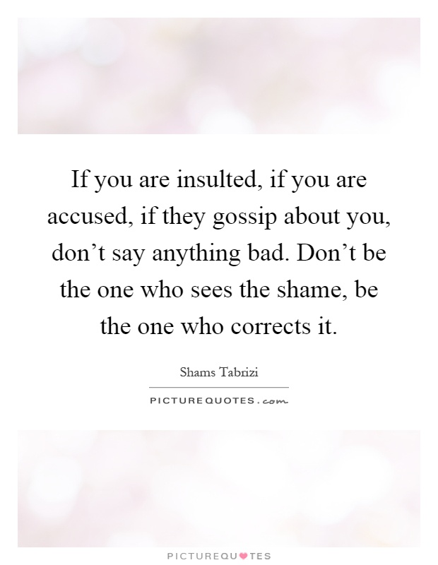 If you are insulted, if you are accused, if they gossip about you, don't say anything bad. Don't be the one who sees the shame, be the one who corrects it Picture Quote #1