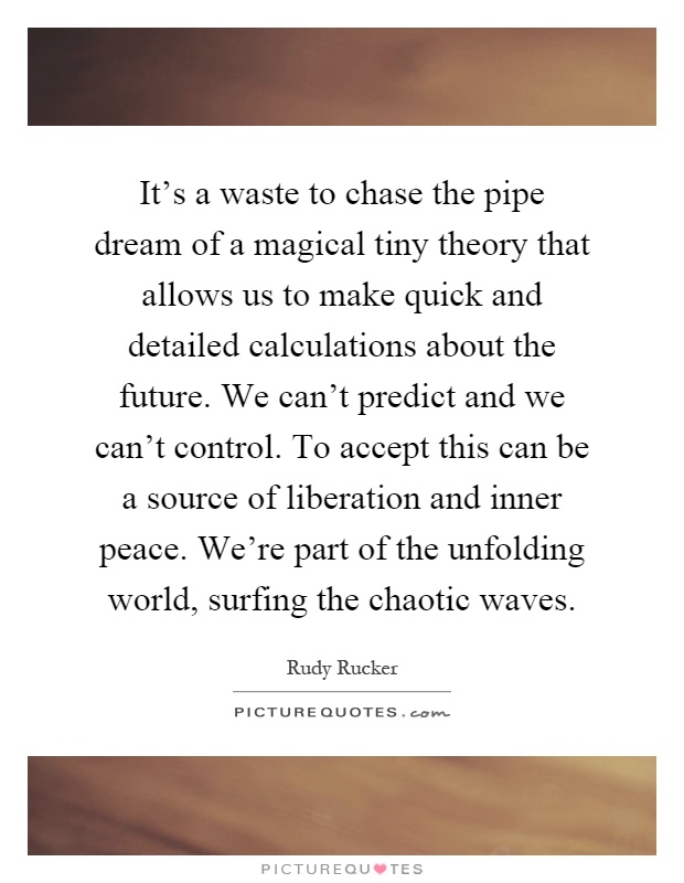 It's a waste to chase the pipe dream of a magical tiny theory that allows us to make quick and detailed calculations about the future. We can't predict and we can't control. To accept this can be a source of liberation and inner peace. We're part of the unfolding world, surfing the chaotic waves Picture Quote #1