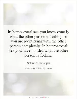 In homosexual sex you know exactly what the other person is feeling, so you are identifying with the other person completely. In heterosexual sex you have no idea what the other person is feeling Picture Quote #1