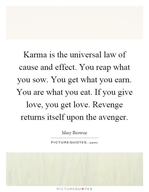 Karma is the universal law of cause and effect. You reap what you sow. You get what you earn. You are what you eat. If you give love, you get love. Revenge returns itself upon the avenger Picture Quote #1